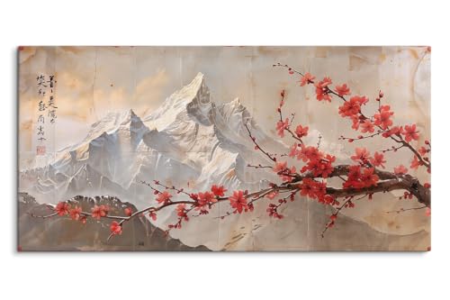Paul Sinus Tableau mural sur toile - Paysage de montagne traditionnel avec fleurs de cerisier - Art naturel intemporel pour une décoration murale élégante - 120 x 60 cm