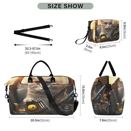 Weekender Bags for Women,Foldable Driver Cat Travel Duffel Bag with Trolley Sleeve Travel Tote Gym Bag with Toiletry Bag3