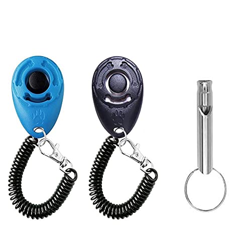 DSSPORT 2 Pack Dog Training Clicker with Wrist Strap and 1 Pack Whistle, Effective Training Tools for Puppy or Cat (Black and Blue)