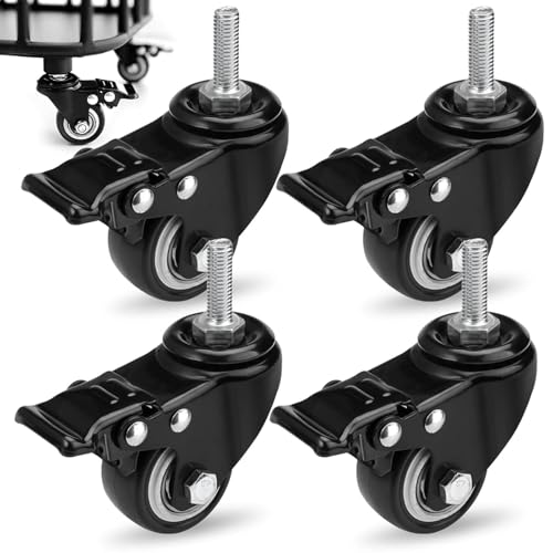 Lot de 4 roulettes de meuble de 50 mm, M8 x 25 mm, pour charges lourdes, avec frein, rotation à 360°, pour l'intérieur et l'extérieur, couleur : noir