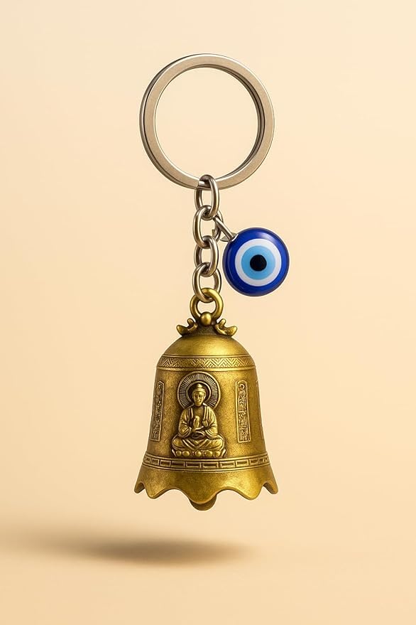 Image of Golden Guardian Bell With Evil Eye Charm - Biker Luck with Safety Message Keyring - Gift for Husband, Boyfriend, Dad, Brother - Birthday, Rakhi