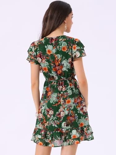 Image of Allegra K Women's Ruffle Sleeve Self-Tie V Neck Flowy Ruffled A-Line Floral Chiffon Dress
