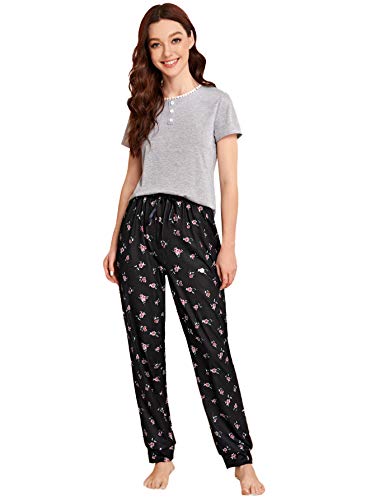 DIDK Women's Cartoon Print Short Sleeve Tee and Pants Sleepwear PJ Pajama Set Black Floral Large