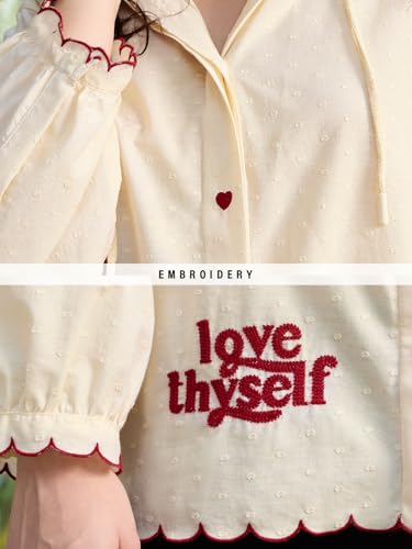 Image of The Souled Store Hooded Shirt: Love Thyself Women and Girls Full Length Sleeves Hooded Neck Off White Embroidered Cotton Oversized Fit Breathable Lightweight Everyday Shirt