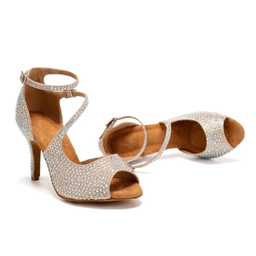 SWDZM Women's Latin Dance Shoes Peep-Toe Ballroom Salsa Chacha Performance Practice Dancing Shoes,Model-YCL5223