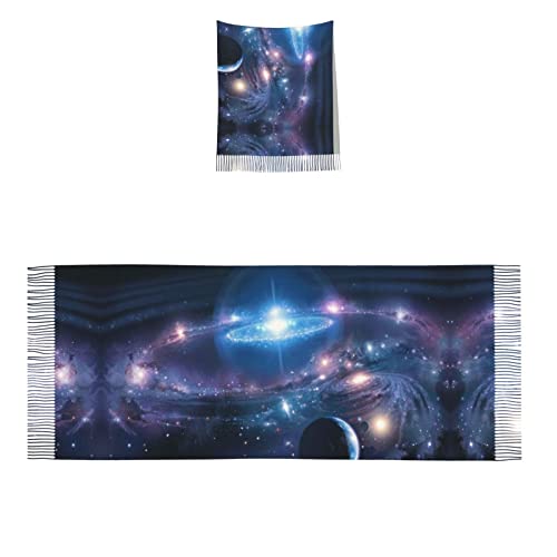 Châle écharpe à franges motif planètes spatiales noir taille unique ajustable - 7