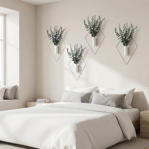 Image of Jexine Hanging Planters with Artificial Eucalyptus Metal Hanging Vase Indoor Plants Holder Modern Geometric Boho Bathroom Wall Decor for Living Room Home Office (White,8 Pcs)