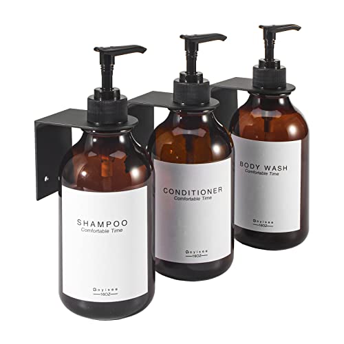 GOYISEE Shampoo and Conditioner Dispenser for Shower Wall 3 Chamber,Refillable Shampoo and Conditioner Bottles with Waterproof Labels,Soap Dispenser with Pumps (3 Bottles 3 Wall Mounts-Brown)