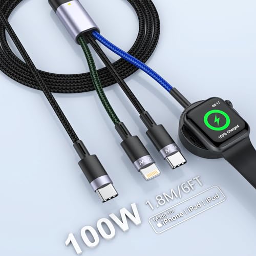 Cargador de 100 W para iPhone y iWatch, cable de carga inalámbrico 3 en 1 de nailon trenzado para iWatch, cable de carga rápida USB C, cable de carga magnético para Apple Watch 9, 8, 7, 6, SE Ultra,