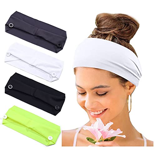 Catery Sports Headbands Black Elastic Headband Sweatband Non Slip Hair Bands with Buttons Multicolored yoga Headwrap for Women and Men(Pack of 4)