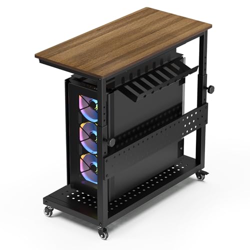 Computer Tower Stand, 11 Level Height Adjustable PC Stand with Line Storage Rack, Mobile Rolling CPU Holder Cart for Gaming Office Home (Rustic Brown)