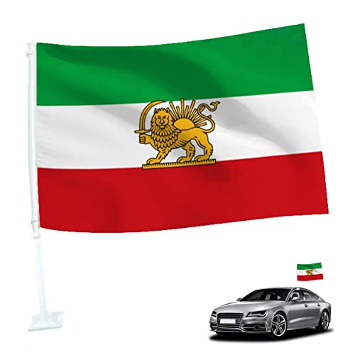 Pahlavi Banner Mit Fahnenmast 30×45cm Flagge Iran Iranische Autoflagge ALT Iranische Royal Löwe Fahne Iranische Flagge Beidseitiger Druck UV-beständig Leuchtende Farben Flaggen von hoher Qualität Cover