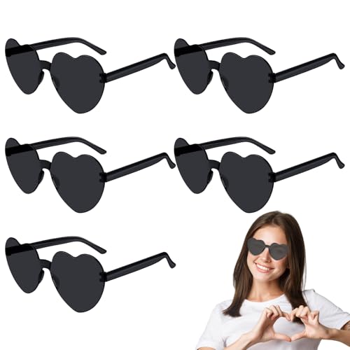 PLULON 5 Pairs Heart Sunglasses for Women, Black Heart Glasses Rimless Shaped Sunglasses Candy Color Fun Glasses for Party Favor (Black)