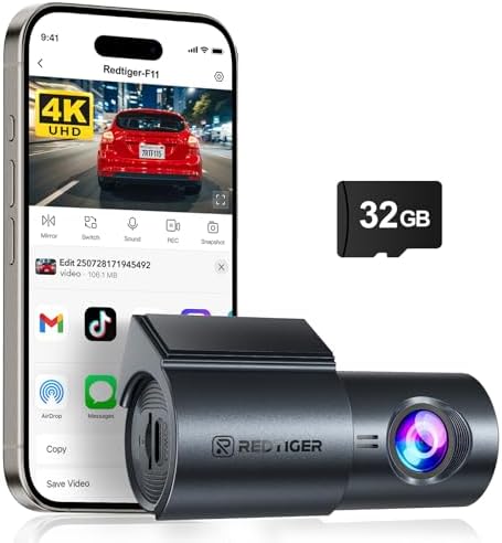 REDTIGER 4K Dash Cam Front, Mini dashcam with WiFi, Anti-Theft Car Camera with Night Vision, WDR, 24H Parking Mode, Loop Recording, Two-Step Installation, Included 32GB Card, Supports 256GB Max(F11)