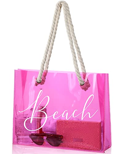 Image of Sweetude Clear Beach Tote Bag Transparent Plastic PVC Women's Large Tote Waterproof Stadium Bags for Girl Summer Pool Party(Pink)