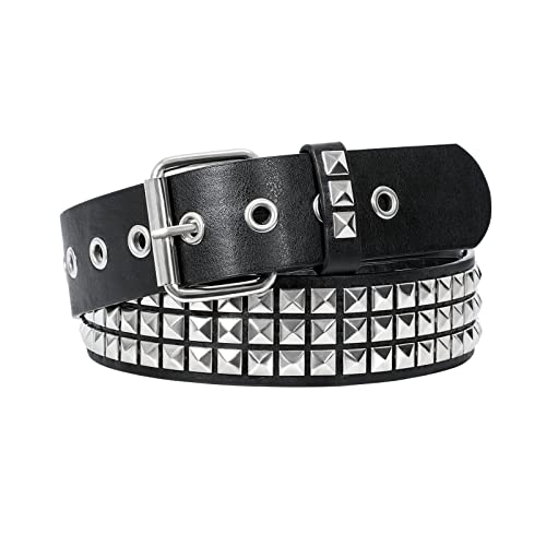 JASGOOD Punk Rivet Studded Belt Goth Row Pyramid Square Bead PU Leather Vintage Punk Rock Grommet Belt for Jeans Pants Black Fit Waist 31-36 Inches