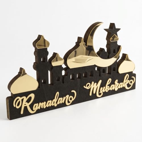 flangairy Wooden Acrylic Ramadan Decorations for Home 2026, Gold Black Ramadan Mubarak Eid Kareem Sign Stand, Wood Islamic Table Centerpiece Fireplace Office Desk Mosque Decor, Arabic Muslim Gifts