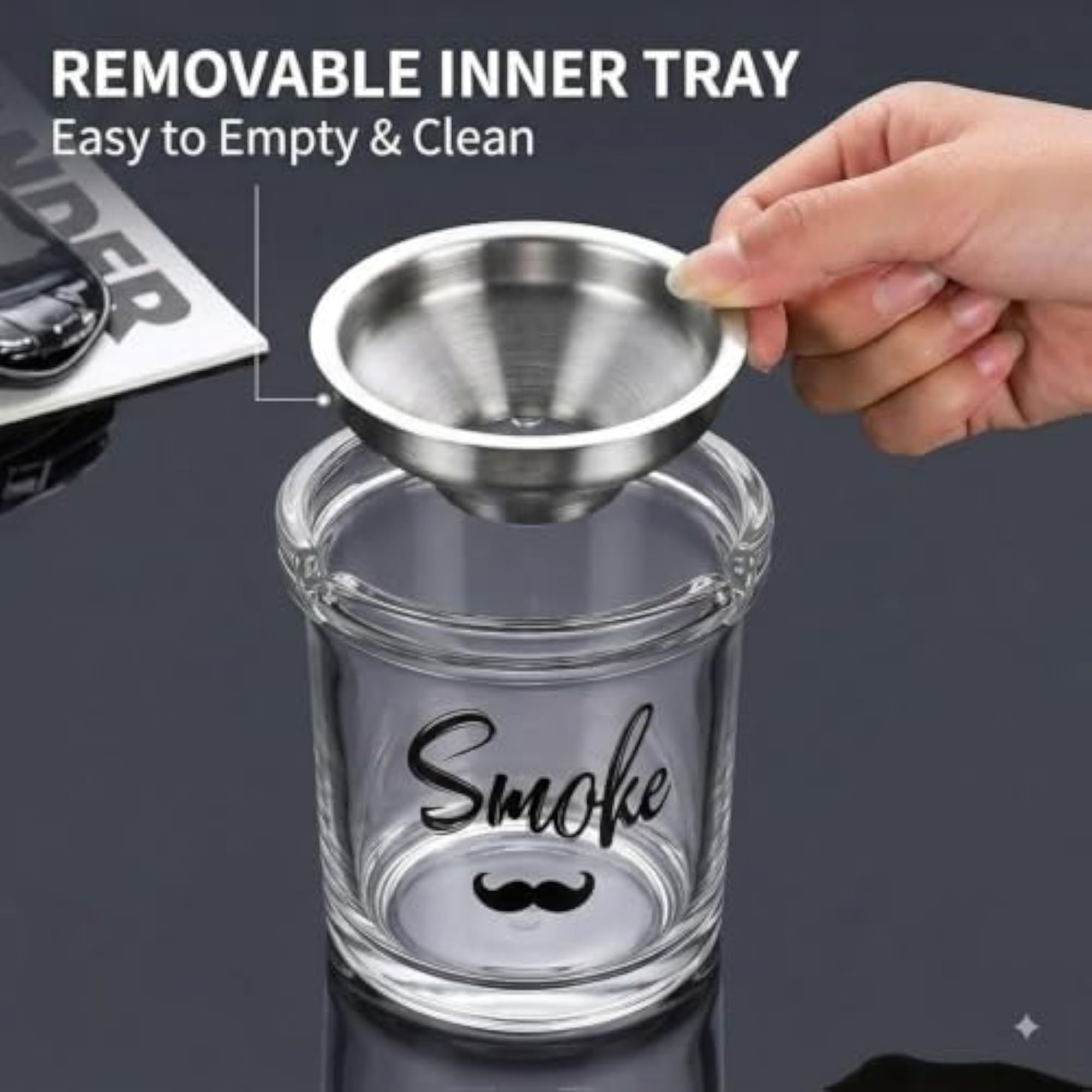 Glass Ashtray with Stainless Steel Funnel, Removable Inner Tray