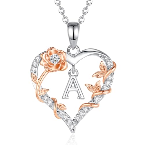 EUDORA Harmony Ball Rose Heart Initial A Necklace for Women Letter A Alphabet Initial Necklaces Copper Rhodium Plated Pendant with Cubic Zirconia Initials Jewelry Gifts for Women Wife 18