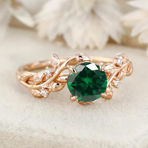10K/14K/18K Gold 1 Carat Round Gemstone Nature Inspired Engagement Ring for Women Birthstone Leaf Vine Art Deco Wedding Promise Anniversary Rings for Her Wife Bridal Size 4~122