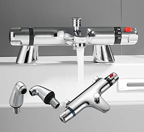 Thermostatic Bath Shower Mixer Taps, Mixer Valve Shower Bar Deck-Mounted with Top Upwards Facing 1/2"BSP Shower Outlet, Dispatched from UK Stock