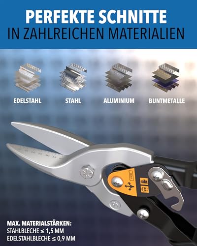 Blechschere gerader Schnitt - [int. Millimeterskala] - Metallschere für Trockenbau, Trapezblech, Metall, Drahtschere für Drahtgitter, Blech Schneider, Metallschere, Blech Schneiden, Sheet Metal Cutter