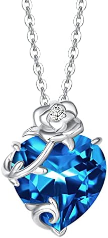CACESTONE Sterling Silver Gemstone 12mm Created Blue Topaz Rose Flower Heart December Birthstone Necklace for Women Cubic Zirconia Jewelry Anniversary Birthday Gifts for Mom Wife Girls Her