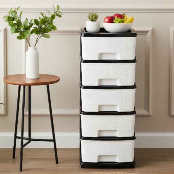Image of Plastic Modular Drawer Storage Chest Of Drawers Organizer Storage Box, Large Stomo Racks For Multipurpose Anti-slip Shoes Organizers (White & Black, 5 Layer)