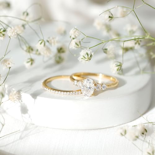 Moissanite Solitaire Ring Set with Stackable Band, 5X7 MM Oval, 1 Carat, Engagement Wedding Ring, 14K Yellow Gold, Size:US 8.753