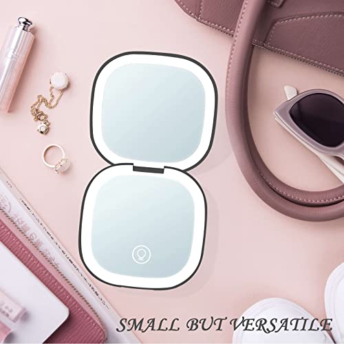 Yuearn Compact Mirror With Light, 2-Sided Lighted Compact Travel Makeup Mirror With 5X Magnification & Dimmable Brightness, 3 Lighting Modes Pocket Mirror With Type-C Rechargeable (5X Black) #TOP5