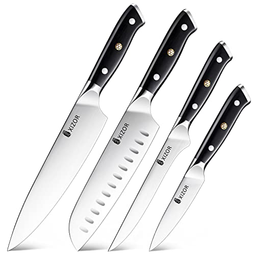XIZOR 4-Piece Kitchen Knife Set, Includes 8“ Chef knife, 7“ Santoku knife, 6“ Boning Knife, 3.5“ Fruit Knife, Sharp High Carbon German Steel Blade, Full Tang Handle Ergonomic Design
