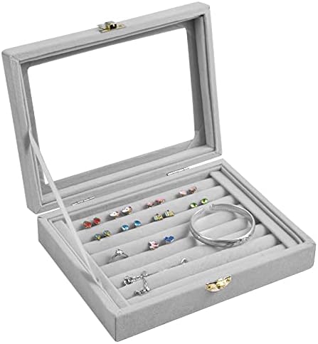 Pinsheng 7 Slot Velet Jewellery Box, Ring Earring Box with Clear Lid, Lockable Jewellery Storage Case for Necklace Bracelets Earrings Rings(Grey)