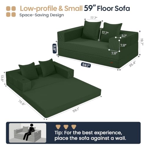 Image of COMAX Futon Sofa Bed, Convertible Sofa Bed, Folding Boneless Couches | Low-Profile Small Boneless Couch for Living Room, 11.8 inch H Low Seat 59 inch Foldable Floor Sofa Lounge Space‑Saving
