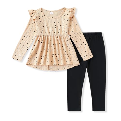 Image of Toddler Girl Clothes Ruffle Long Sleeve Heart Print Tops and Pants 2PC Little Girl Winter Outfits Size (4-7T)
