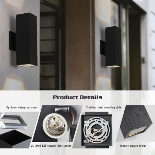 Image of Cerdeco Aluminum Modern Outdoor Wall Light, Exterior Up Down Light Fixtures Matte Black [UL Listed] (2 Pack)
