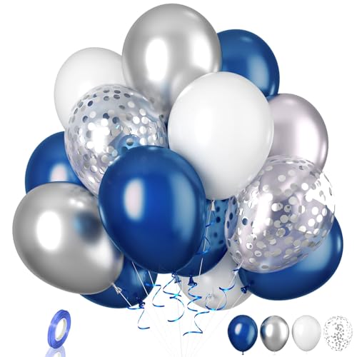 Biapian Navy Blue Silver Balloon, 20 Pcs Blue and Silver Balloons, 12 Inch Pearl Blue Silver White Latex Balloon Silver Confetti Balloons for Birthday Baby Shower Graduation Wedding Party Decoration
