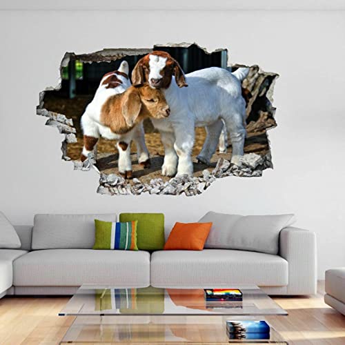 Goat 3D Broken Wall Stickers Animal Wall Mural Art Modern Nursery Children's Bedroom Living Room Background Wall Decal Removable Pvc Home Decoration 43"W X 28"H #TOP1