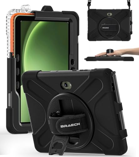 BRAECN para Funda Galaxy Tab Active 5 Pro 2025 / Active 4 Pro 2022 / Active Pro 2019 10.1 Pulgadas, Carcasa Rugosa con Soporte de Rotación de 360°, Correa de Mano/Hombro, Negro