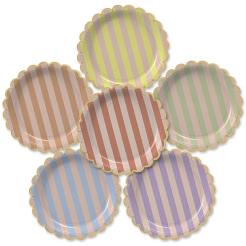 Image of Party Paper Plates, 50-Pack 9-Inch Bulk Disposable Decorative Paper Plates with Gold Scalloped Trim, 6 Colors for Tea Party, Easter, Garden Party, and Bridal Showers, Gilded Pastel Duet Stripes
