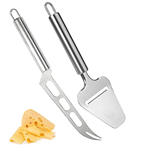 Jinsion 2 Stück Käsemesser Set - Käsehobel Edelstahl, Käseschaber, Pizzaschaufel Mit Rundem Griff - Cheese Slicer für Weichkäse, Schokolade, Pizza, Kuchen