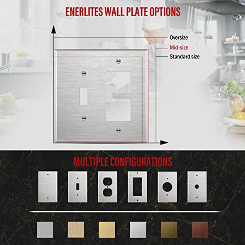 Image of ENERLITES Combination Toggle Light Switch or Decorator Switch Metal Wall Plate, Corrosive Resistant, Mid-Size 2-Gang 4.88 inch x 4.92 inch, 771131M, 430 Stainless Steel, UL Listed, Silver