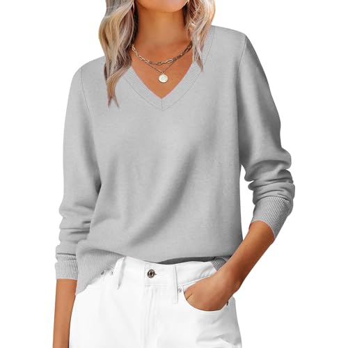 ZIDDAR Blusa de manga larga con cuello en V para mujer, cómoda, holgada, para otoño, casual, suéter de punto para mujer, plata, XL