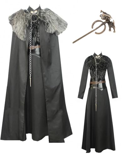 Suohuicp Adult Sansa Stark Cosplay Top Robe Dress Brooch Pins with Belt Lady Sansa Stark Costume Cloak for Halloween Carnival Outfits (Black, 3X-Large)