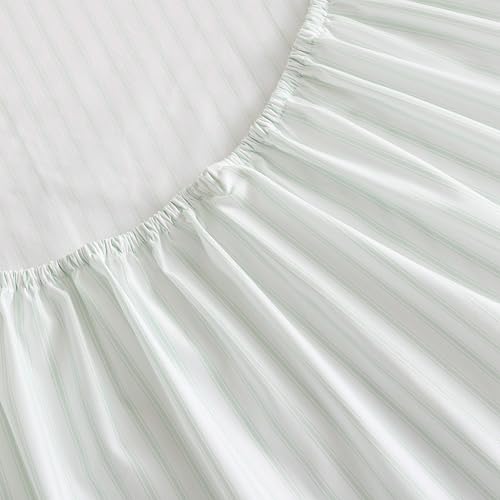Image of Martha Stewart - Twin XL Size Sheet Set, Breathable Cotton Percale Bedding with Matching Pillowcase, Fully Elastic Fitted Sheet, Deep Pocket, Crisp & Cooling All-Season Comfort (Ticking Stripe Green)