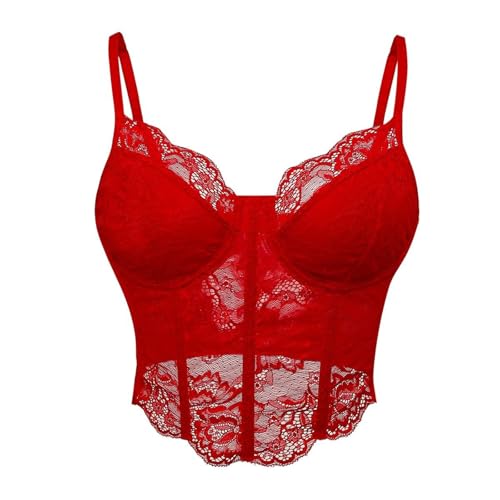 SRZYMJ Rot Negligee Damen Nachtwäsche Babydoll Dessous Spitze V-Ausschnitt Corsage Damen Reizwäsche Backless Nachthemd S