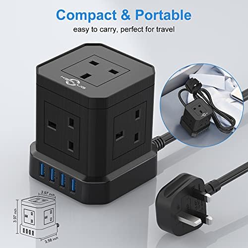 Cube Extension Lead with USB Slots, 5 Way Plug Extension with 4 USB(3.1A), KEPLUG Black Multi Plug Power Strip 2m Extension Cable,3250W/13A UK Power Socket Extension Cord for Desk Home Office Travel