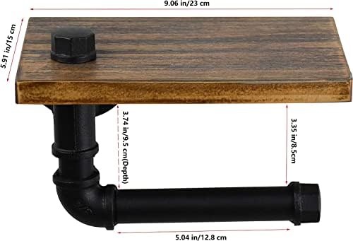 LINKPIPES Rustic Toilet Paper Holder Pipe with Shelf Industrial Toilet Roll Holder Wall Mount Farmhouse Wooden Toilet Tissue Paper Holder for Bathroom(Black)