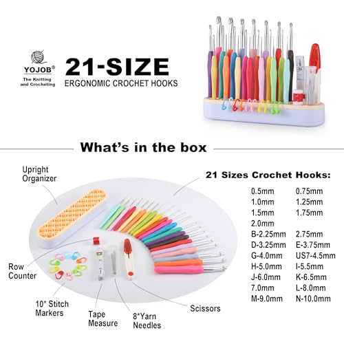 YOJOB 21 Sizes Crochet Hooks Set 0.5mm-10mm, Plus Crochet Accessories and Holder﻿, Complete Set Ergonomic Crochet Hook Kit for Beginners — view 6