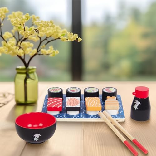 WoodenEdu Sushi Slicing Play Food Set, Wooden Pretend Play Kitchen Toys for Kids 3+, Sushi Food Play Learning Toy for Girls Boys