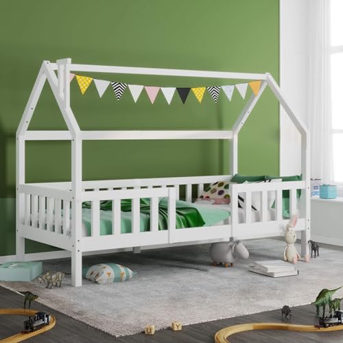 Homestyle4u Vloerbed, 90 x 200 cm, naturel Montessori, kinderbed met valbeveiliging, lattenbodem, houten bed voor kinderen
